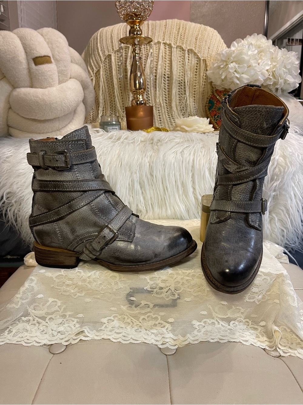 Freebird RETIRED “Raine” Leather Ankle Moto Boot in Ice Gray Colorway MSRP$245